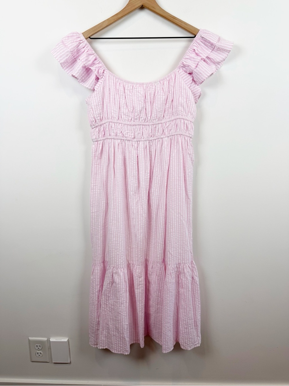 Altar’d State Pink and White Seersucker Ruffle Sleeve Tiered Maxi Summer Dress - Picture 2 of 10